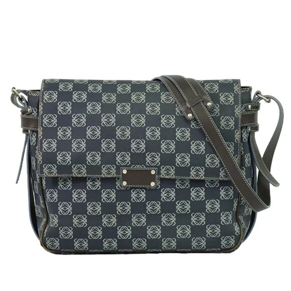LOEWE Anagram Pattern PVC Shoulder Crossbody Bag Navy Silver